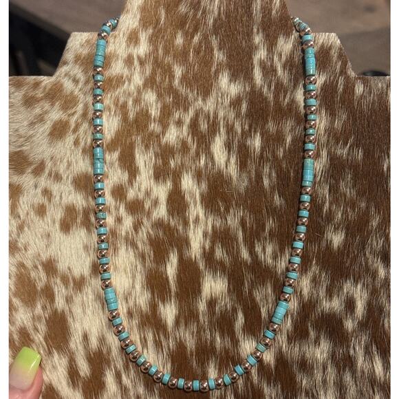 Native American 5mm Copper Navajo Pearl Blue Turquoise HEISHI Necklace 18” - Picture 2 of 10